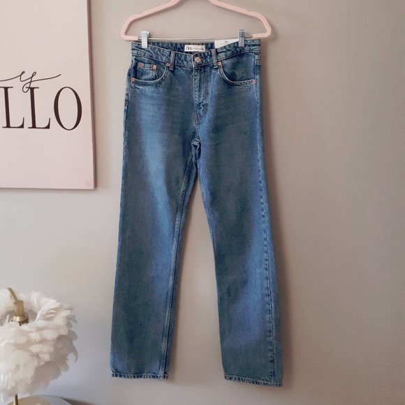 NWT Zara medium wash blue mid-rise slim fit straight leg denim jeans, US6 - Picture 9 of 10